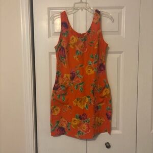 Vintage 90s Floral Orange Sleeveless Dress